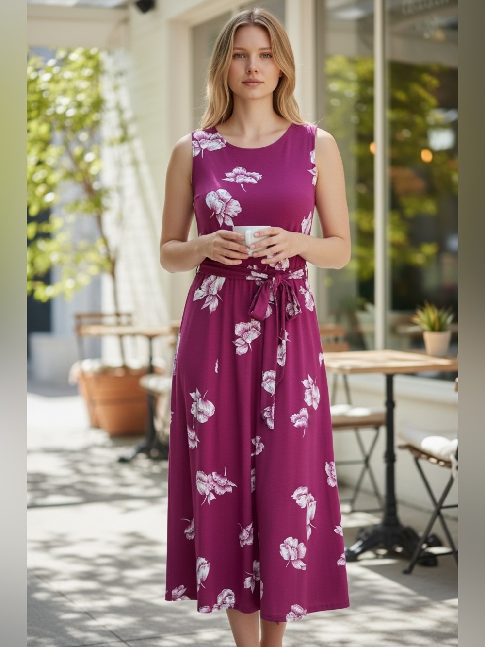 Lauren Ralph Lauren Floral Tie Waist Midi Cranberry/Magenta Sleeveless SZ-6